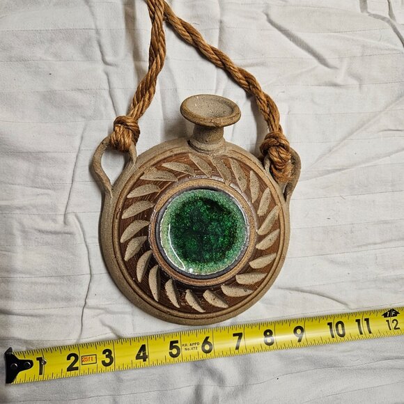 Wall Pocket Canteen Vase Stoneware w/Crackle Glass Art Pottery Hanging Decor - Picture 11 of 12